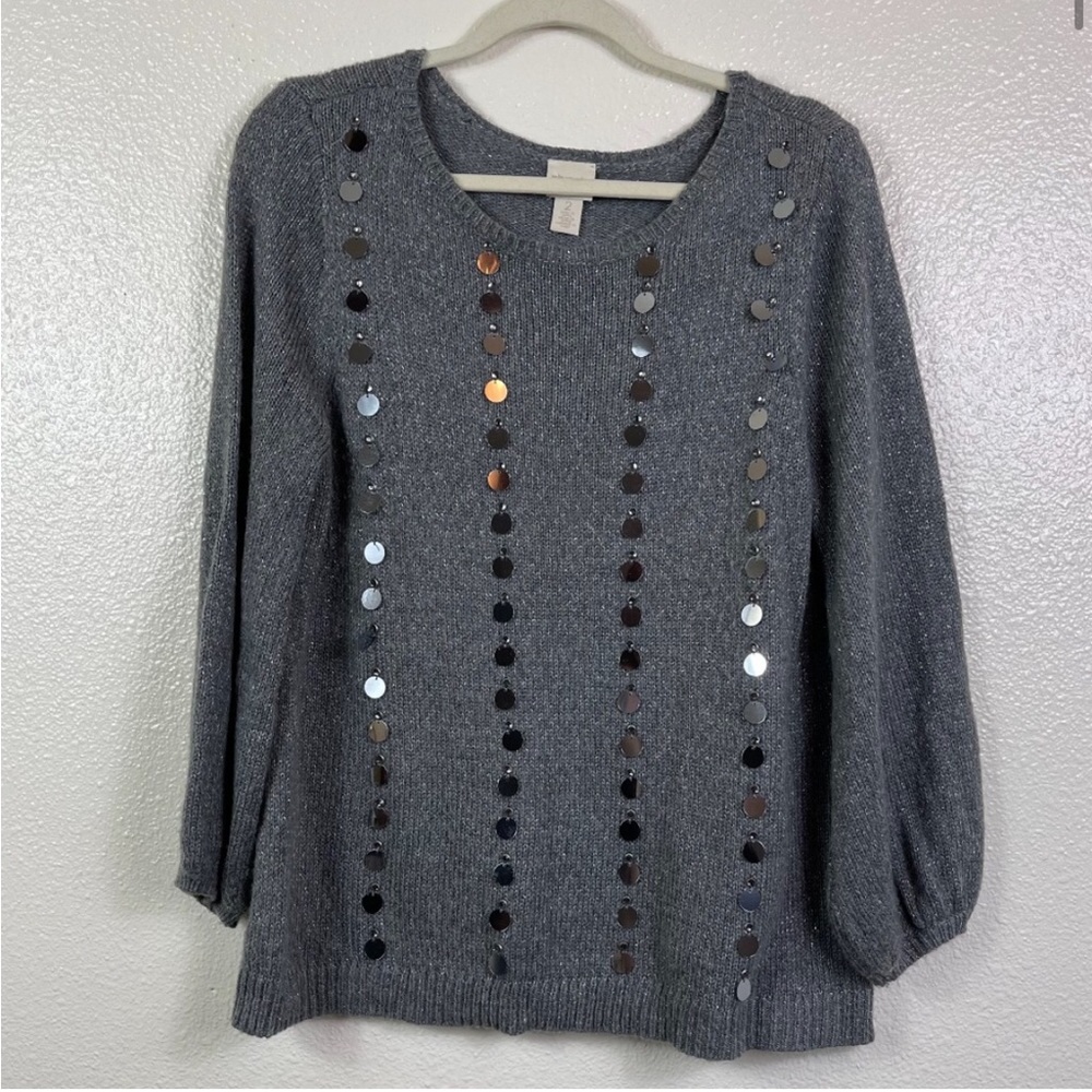 CHICO’S Knitted Sequined Sweater with Puff Sleeves
